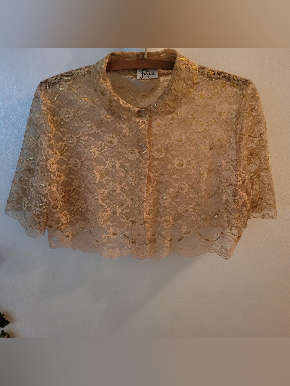 Vintage Gold Lace Short Sleeve Button Down 'Filipa' Bolero Cut Jacket